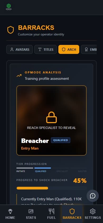 OPMODE Barracks showing operator archetype, rank progression, and gamification systems