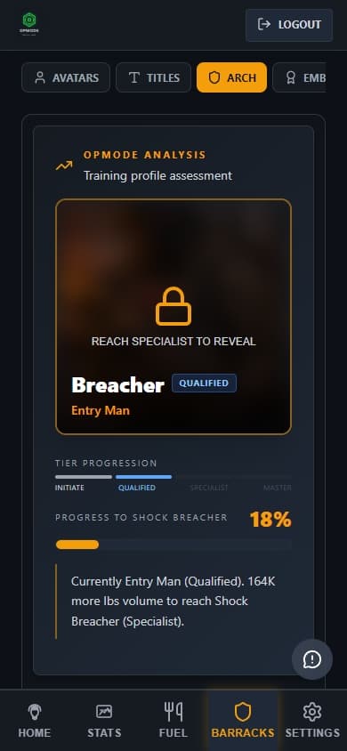 OPMODE Barracks showing Breacher archetype and tier progression