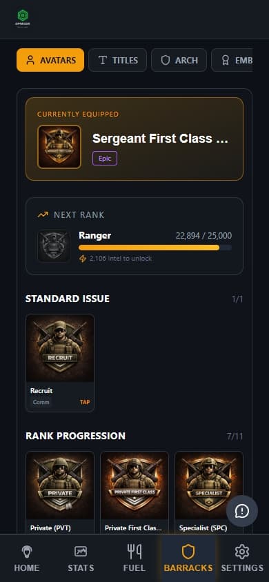 OPMODE gamification system showing rank progression and achievements