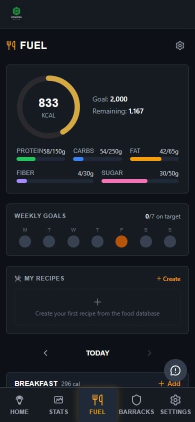 OPMODE Nutrition page showing calorie tracking, macro breakdown, meal logging, and weekly goals