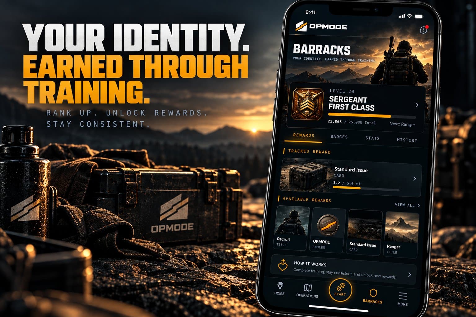 OPMODE Barracks: Level 20 Sergeant First Class, Intel progress toward the next rank, tracked and available rewards